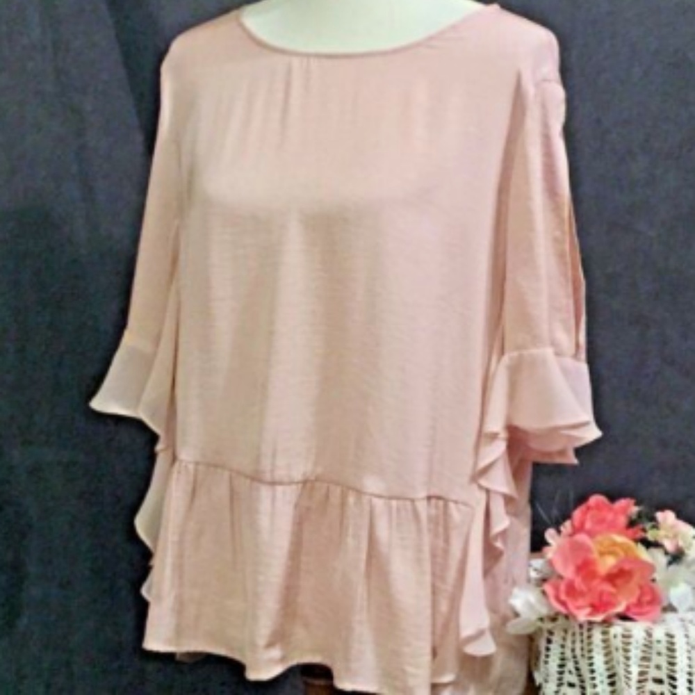 Boho Peasant Top Blouse L Peach Pink Slit Shoulder